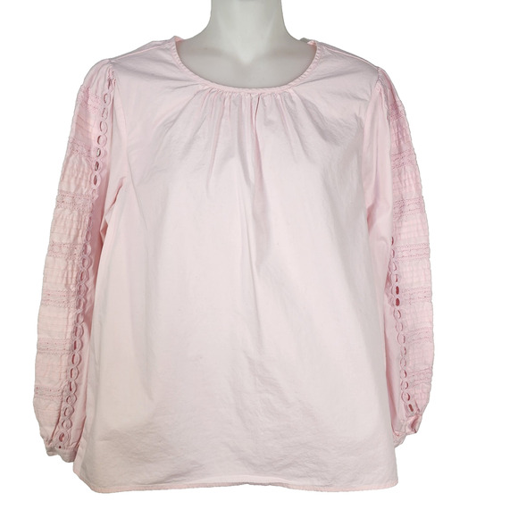 J. Crew Top Womens Size Medium Pink Cotton Poplin Puff Long Sleeve Eyelet Blouse - Picture 1 of 11